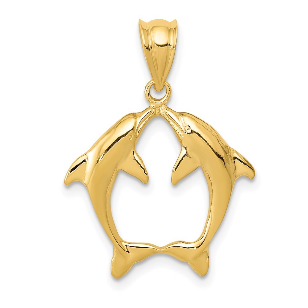 14k Yellow Gold Two Dolphins Necklace Charm Pendant